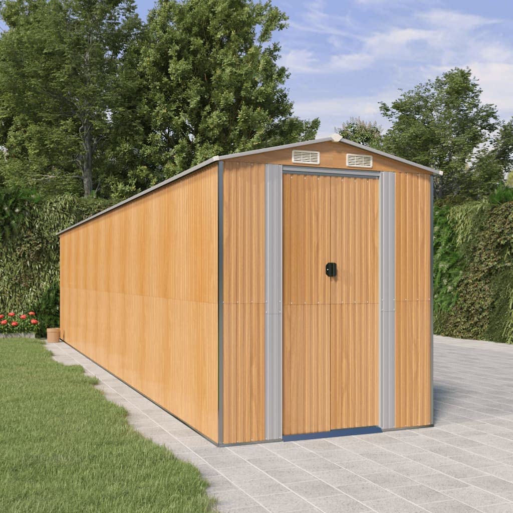 GOLINPEILO Abri de jardin extérieur en métal, grand hangar à outils utilitaire en acier, abri de jardin en acier avec doubles portes coulissantes, rangement utilitaire et outils, marron clair 75,6"x336,6"x87,8" 75,6"x336,6"x87,8" 