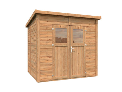 Leisure Season Urbano Kit d'abri de jardin moderne résistant aux intempéries avec sol, portes, fenêtres en plexiglas, toit en pente – Kit d'abri de jardin en bois d'épicéa nordique – Marron moyen, 2,4 x 1,8 m (URB8X69135) 