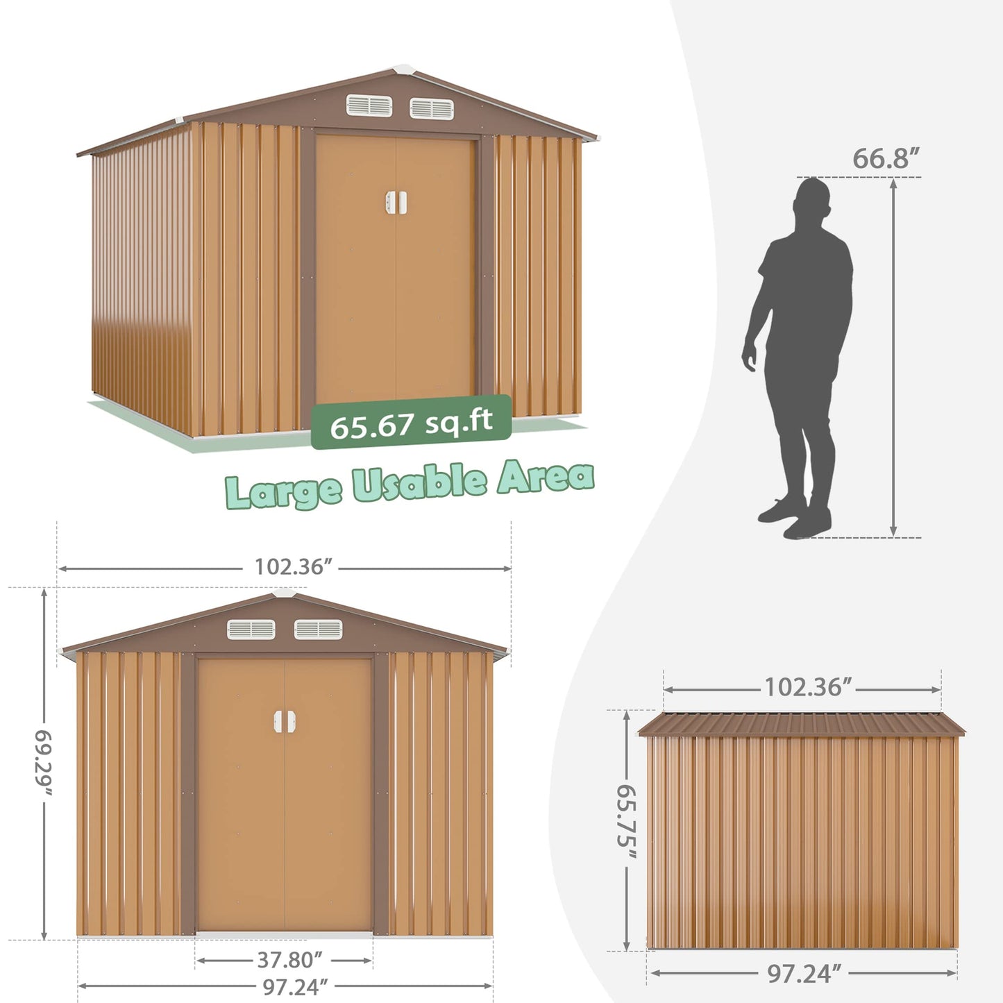 HOGYME Storage Shed 8' x 8' Outdoor Garden Shed Metal Shed Suitable for Storing Garden Tool Lawn Mower Ladder Coffee 8x8