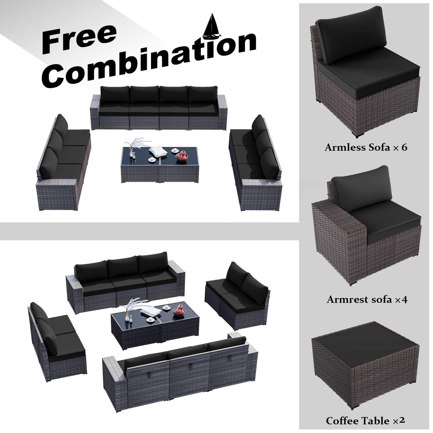 ALAULM 12 Pieces High-back Sofas Outdoor Patio Furniture Set, Sectional Sofa Sets
