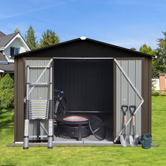 Lyromix 10' × 8' Metal Outdoor Storage Shed with Door & Lock, Waterproof Garden Storage Tool Shed with Base Frame for Backyard Patio, Brown 10×8 FT