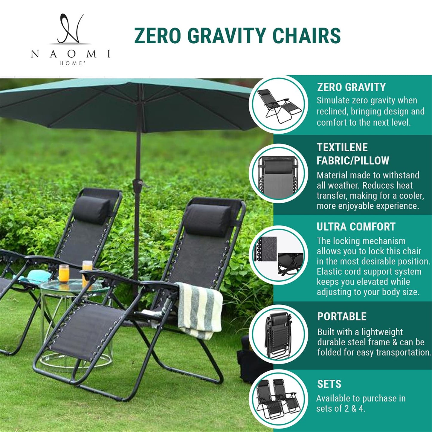 Zero Gravity Chairs Set of 2 Pool Lounge Chair Zero Gravity Recliner Zero Gravity Lounge Chair Antigravity Chairs Anti Gravity Chair Folding Reclining Camping Chair with Headrest by Naomi Home - Cream Modern