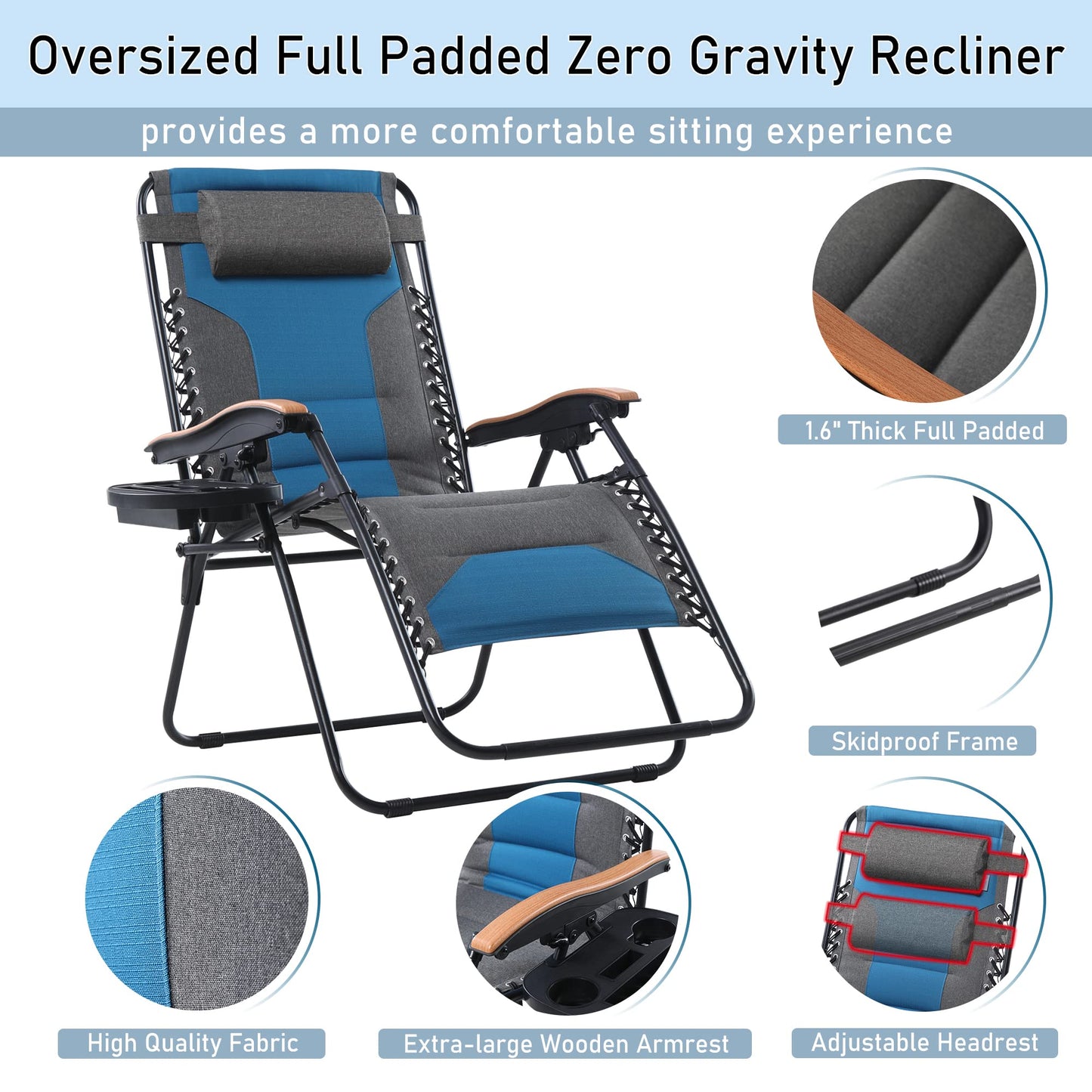 PHI VILLA Oversize XL Padded Zero Gravity Lounge Chair Family Lovers Pack with Wide Armrest Foldable Recliner, Set of 2, Support 400 LBS (Green Blue) Green Blue-oversized 2-Pack