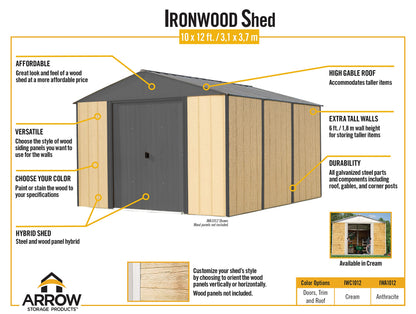 Arrow Kit d'abri de jardin hybride en acier galvanisé et panneaux de bois Ironwood, 10' x 12', Anthracite 10' x 12'