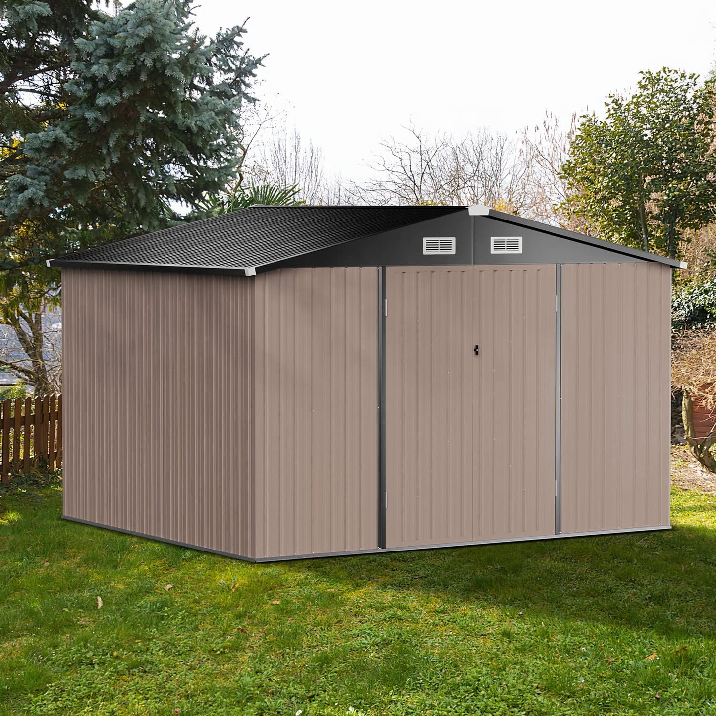 Breezestival Outdoor Storage Shed 8x10 FT, Utility Steel Tool Shed with Lockable Door and Air Vents, Galvanized Metal Shed for Garden Backyard Patio Lawn (8' x 10') 8 x 10'