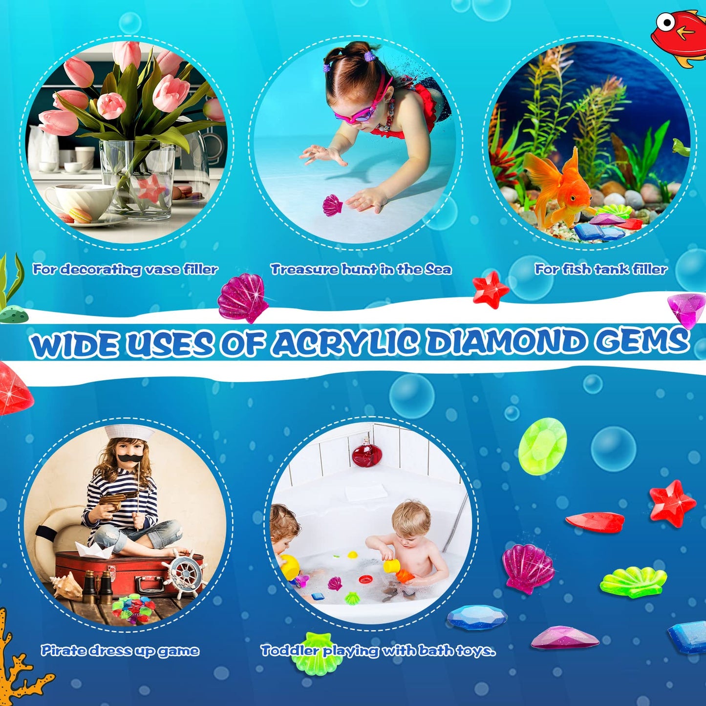 Chalyna 16 Pièces Gemmes de Plongée Jouets de Piscine Grandes Gemmes Acryliques Gros Diamants Gemmes Coffre au Trésor de Pirate Jouets de Natation Sous-Marine d'été pour Anniversaire Piscine Party Favors (Style Vivid) Style Vivid