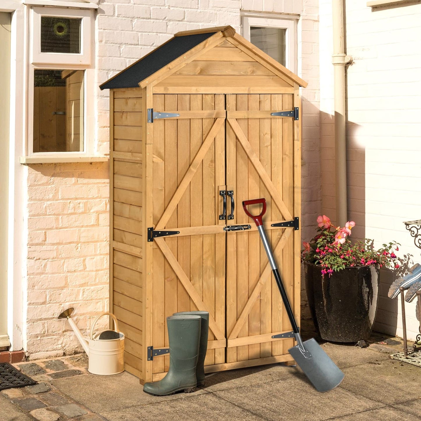 Outdoor Storage Shed with Floor, Wooden Storage Cabinet Waterproof, Garden Tool Shed with 3-Tier Shelves, Outside Vertical Shed with 2 Double Doors & Adjustable Legs, Fir Wood, Lockable (Natural) 35.4 x 22.4 x 69.3 Natural with 3 Tier Shelves & 2 Door