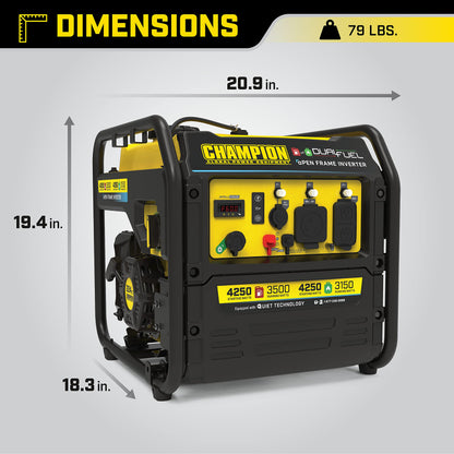 Champion Power Equipment 200914 Générateur inverseur à cadre ouvert de 4 250 W, technologie double carburant 4 250 W + double carburant + démarrage manuel 