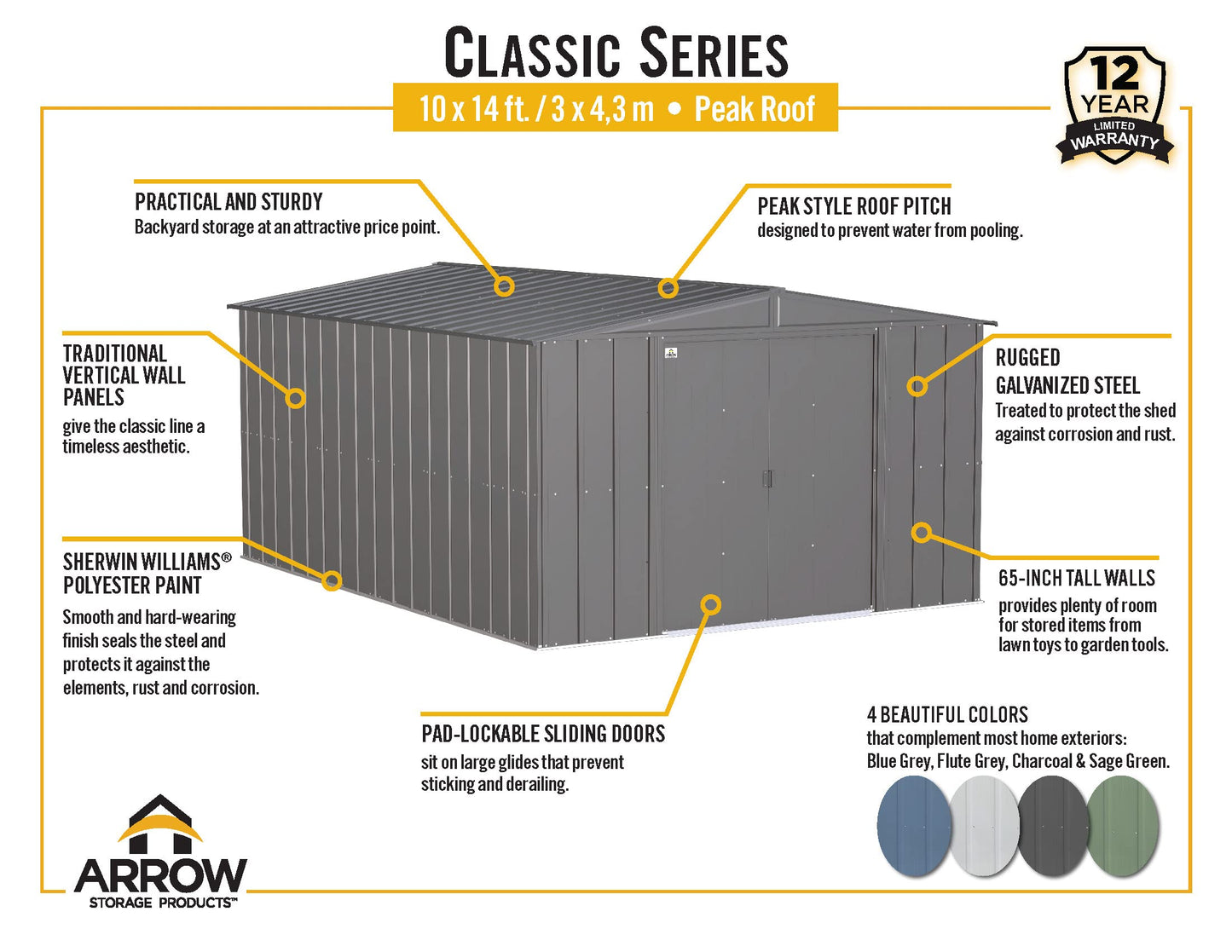 Arrow Shed Classic 10' x 14' Abri de rangement extérieur cadenassable en acier bleu gris 10' x 14' 