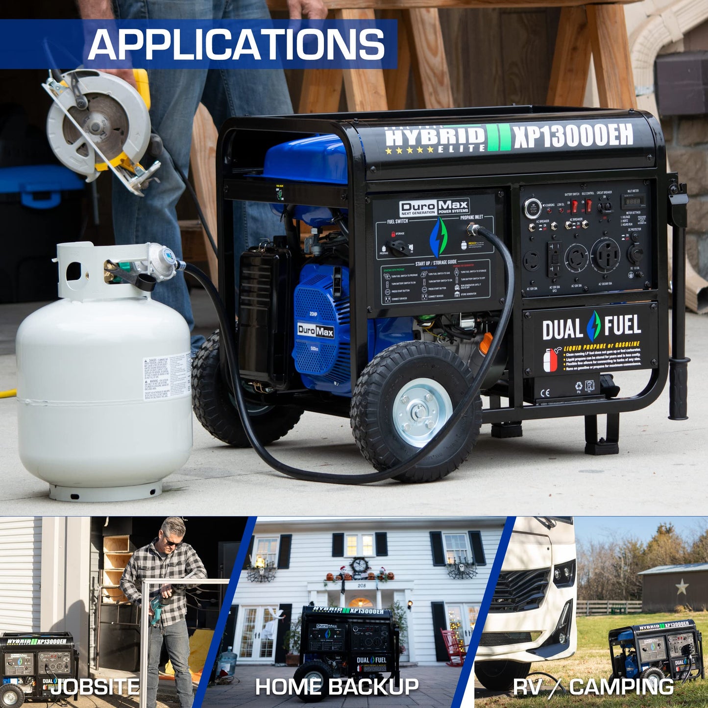 DuroMax XP13000EH Générateur portable bi-carburant 13 000 W alimenté au gaz ou au propane, démarrage électrique, secours à la maison, bleu/gris, 13 000 W double carburant 