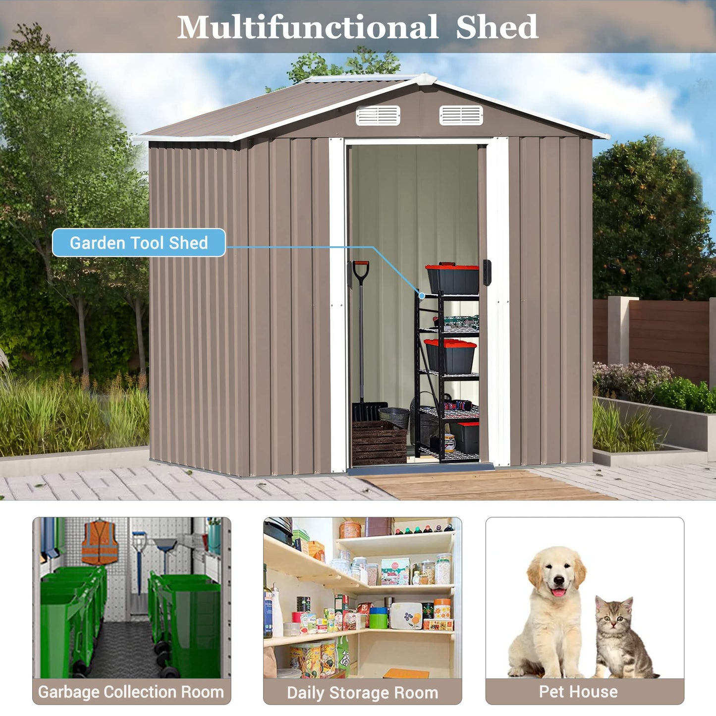 Evedy Metal Storage Shed Organizer,Patio 6ft x4ft Bike Shed Garden Shed, Metal Storage Shed with Adjustable Shelf &Lockable Door,Tool Cabinet with Vents and Foundation for Backyard,Lawn,Garden,Brown 6ft x4ft Outdoor Storage Brown A