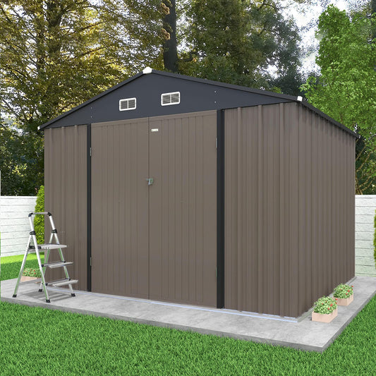 Patiowell 10x8 FT Outdoor Storage Shed, Large Garden Tool Metal Shed with Sloping Roof and Double Lockable Door, Outdoor Shed for Backyard Garden Patio Lawn,Brown 10' X 8' Brown