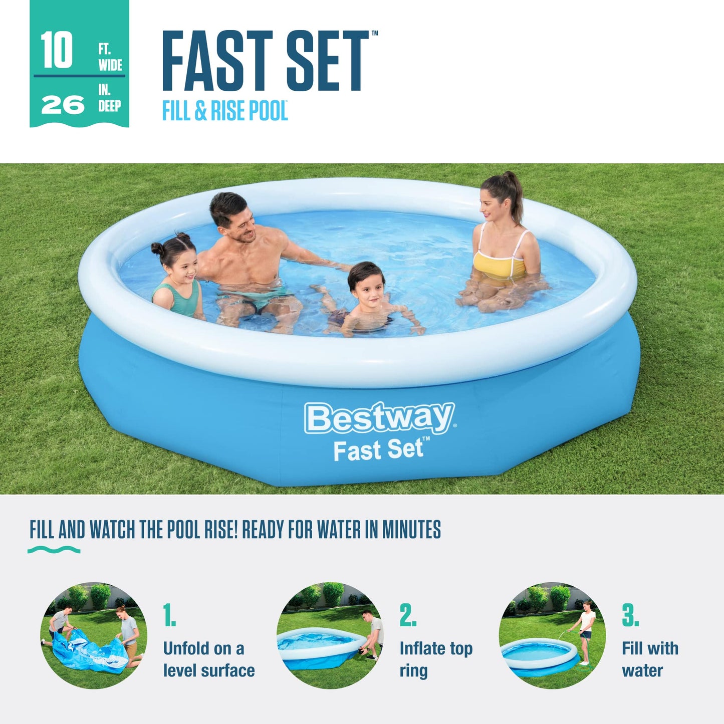 Piscine gonflable ronde Bestway Fast Set, piscine gonflable à anneau supérieur, 10 pi x 26 po