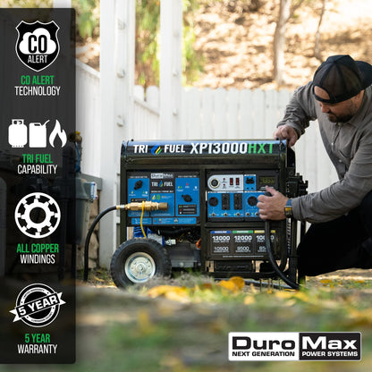 DuroMax XP13000HXT Générateur portable au gaz naturel, propane, tri-carburant, 13 000 watts, 500 cc, avec alerte CO, noir/bleu, tri-carburant, 13 000 watts 