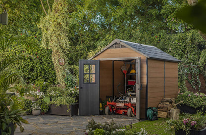 Keter Newton 7.5x9 Large Resin Outdoor Storage Shed Kit – Perfect to Store Patio Furniture, Garden Tools, Bike Accessories, and Lawn Mower, Mahogany Brown