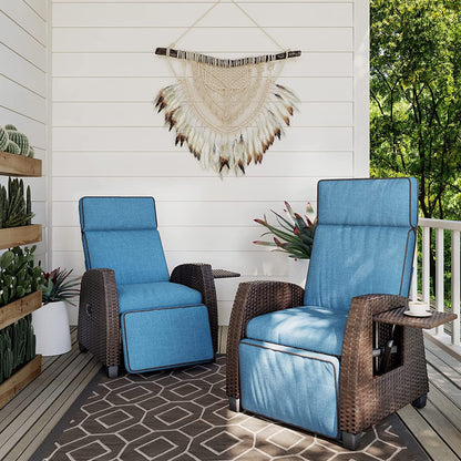 Grand patio Outdoor Recliners Set of 2 Patio Recliner Chair, All-Weather Wicker Reclining Patio Chairs, Flip-up Side Table, Recliner Chair, Peacock Blue Peacock Blue 2pcs 2 PCS