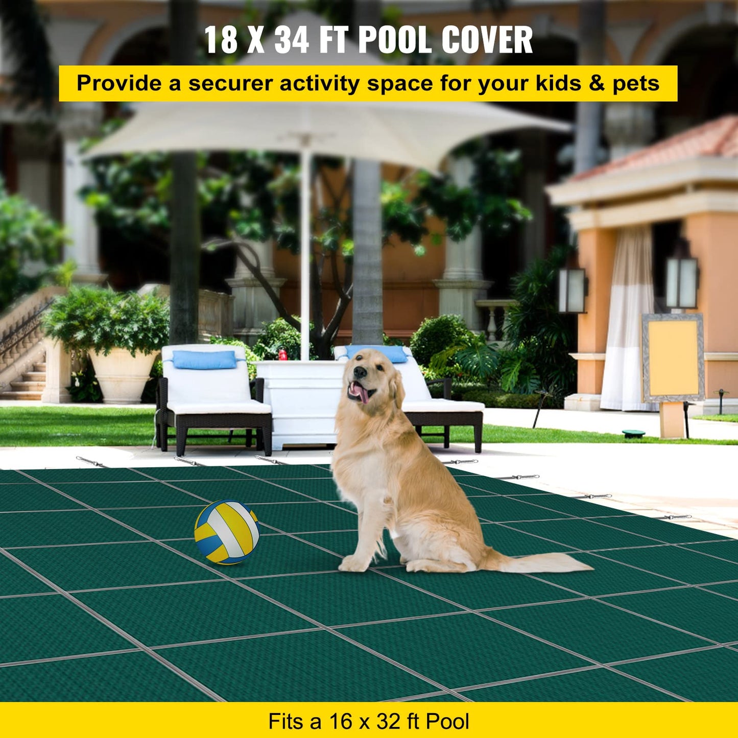 Happybuy Inground Pool Safety Cover, 16 x 32 ft Rectangular Winter Pool Cover with Left Step, Triple Stitched, High Strength Mesh PP Material, Good Rain Permeability, Installation Hardware Included 16 x 32 ft with 4x8ft Left Step