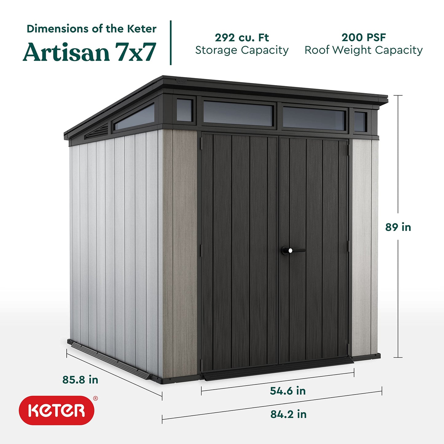 Keter Artisan Abri extérieur de 2,1 x 2,1 m avec sol moderne pour meubles de patio, tondeuse à gazon, outils et rangement pour vélos, gris 