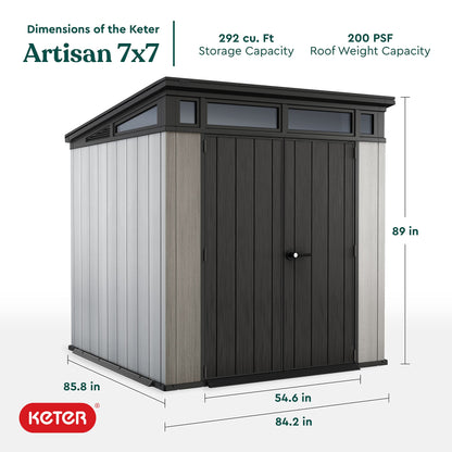 Keter Artisan Abri extérieur de 2,1 x 2,1 m avec sol moderne pour meubles de patio, tondeuse à gazon, outils et rangement pour vélos, gris 