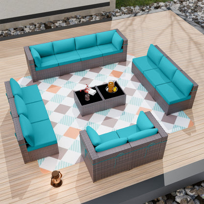 ALAULM 14 Pieces Sectional Sofa Sets Outdoor Patio Furniture - Blue Seat Cushions and 2 Coffee Tables