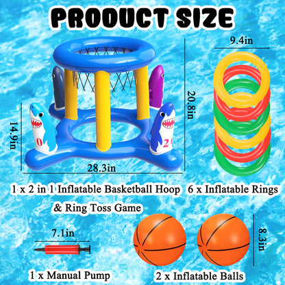 Ensemble de jeux de piscine 2 en 1, cerceau de basket-ball gonflable et jeu de lancer d'anneaux, jouets aquatiques pour enfants adultes famille, accessoires de piscine pour garçons filles