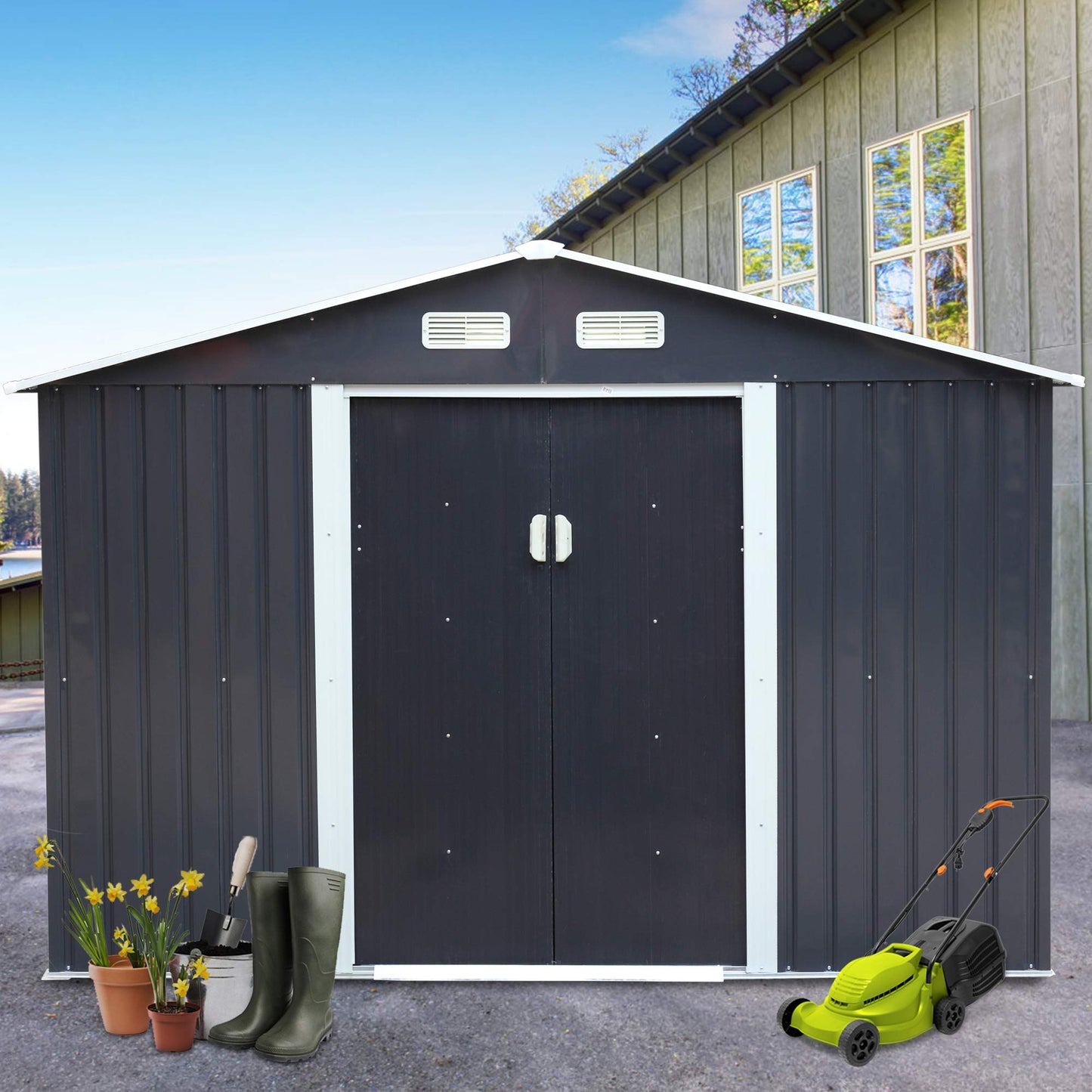 JAXSUNNY 6 x 9 FT Outdoor Metal Storage Shed w/ Floor Frame, Utility Tool Shed House for Patio Backyard Lawn Pool Equipment, Lawnmover Shed with Sliding Doors, 4 Vents & Apex Roof (Dark Gray) Dark Gray