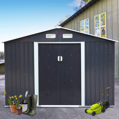 JAXSUNNY 6 x 9 FT Outdoor Metal Storage Shed w/ Floor Frame, Utility Tool Shed House for Patio Backyard Lawn Pool Equipment, Lawnmover Shed with Sliding Doors, 4 Vents & Apex Roof (Dark Gray) Dark Gray