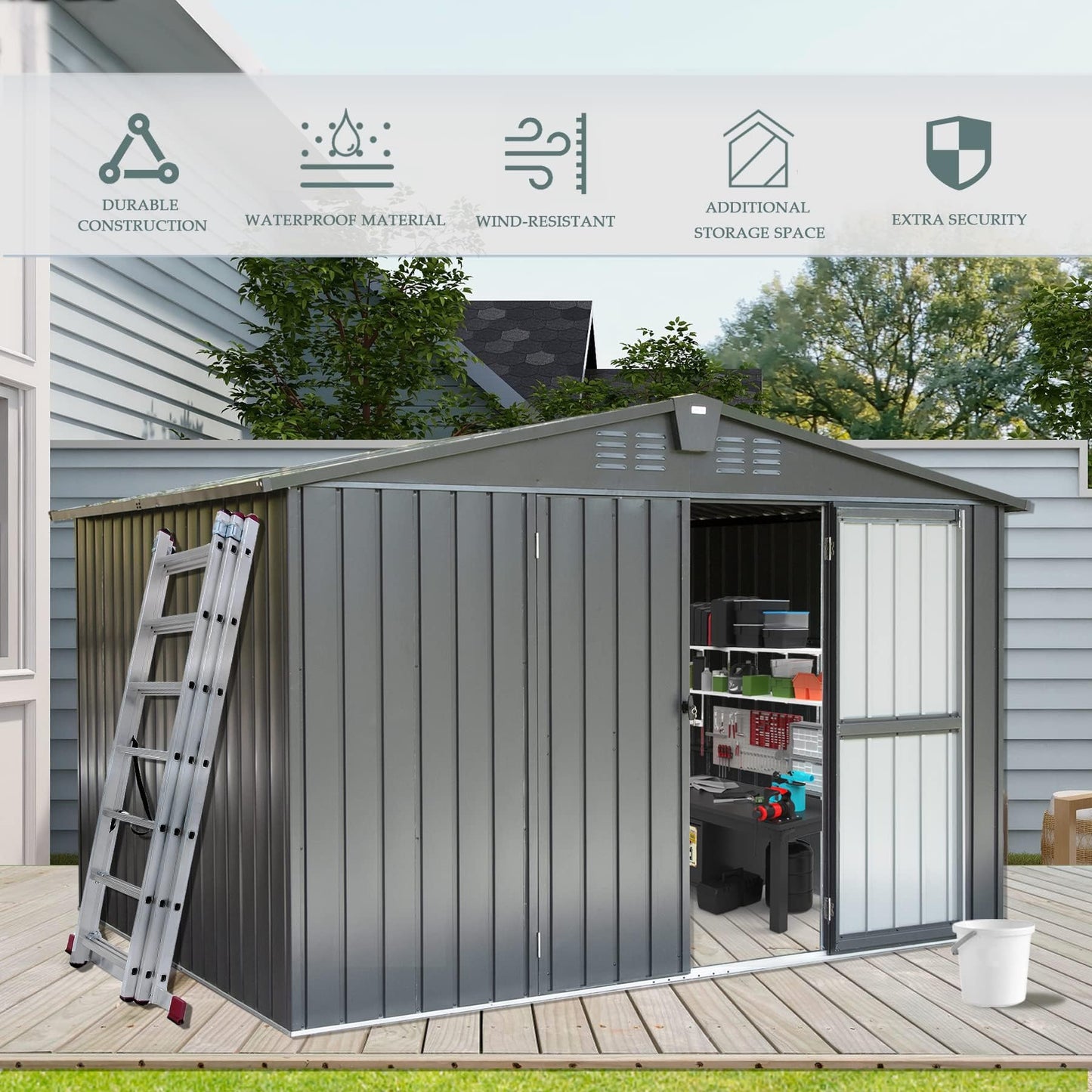 Domi Backyard Storage Shed 9.8’ x 7.9’ with Galvanized Steel Frame,Outdoor Garden Shed Metal Utility Tool Storage Room with Latches and Lockable Door for Balcony Lawn Poolside (Dark Gray) 10' x 8' Gable Roof