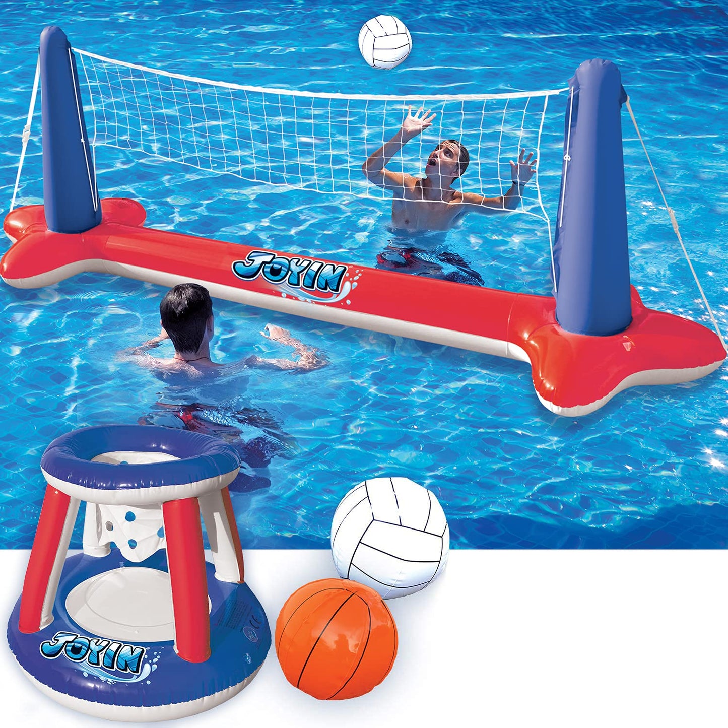 Sloosh Inflatable Pool Float Set Volleyball Net & Basketball Hoops, Balls Included for Kids and Adults Swimming Game Toy, Summer Floaties, Volleyball Court |Basketball,Red Red
