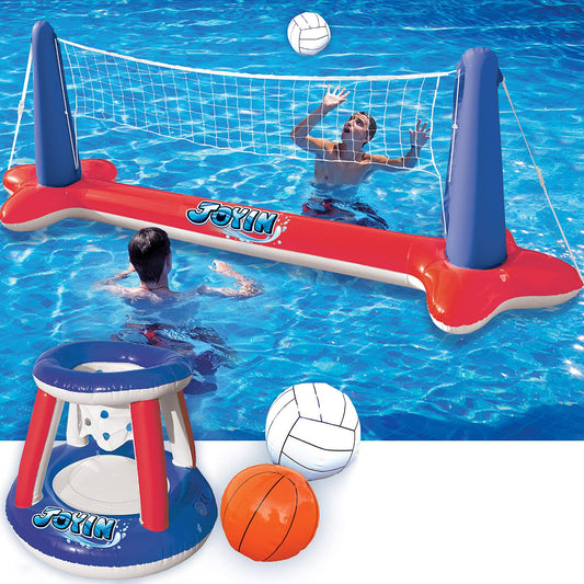 Sloosh Ensemble de flotteurs de piscine gonflables Filet de volley-ball et cerceaux de basket-ball, balles incluses pour enfants et adultes Jouet de jeu de natation, flotteurs d'été, terrain de volley-ball | Basket-ball, rouge rouge