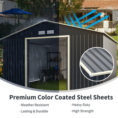 Goplus Outdoor Storage Shed, 11' X 10' Metal Garden Shed with 4 Vents & Double Sliding Door, Utility Tool Shed Storage House for Backyard, Patio, Lawn 11'X10'