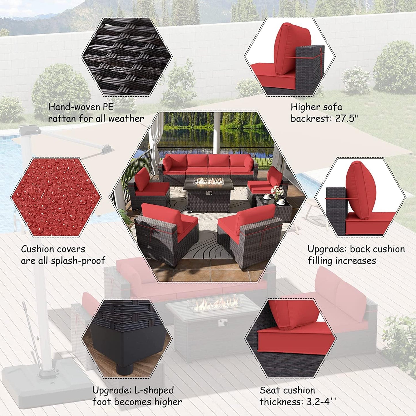 ALAULM 10 Pieces Patio Furniture Set with Propane Fire Pit Table Outdoor Sectional Sofa Sets Patio Furniture