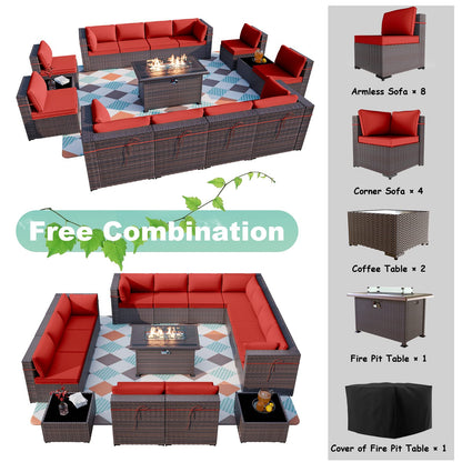 ALAULM 15 Pieces Patio Furniture Set with Propane Fire Pit Table Outdoor Sectional Sofa Sets (Rose Red)