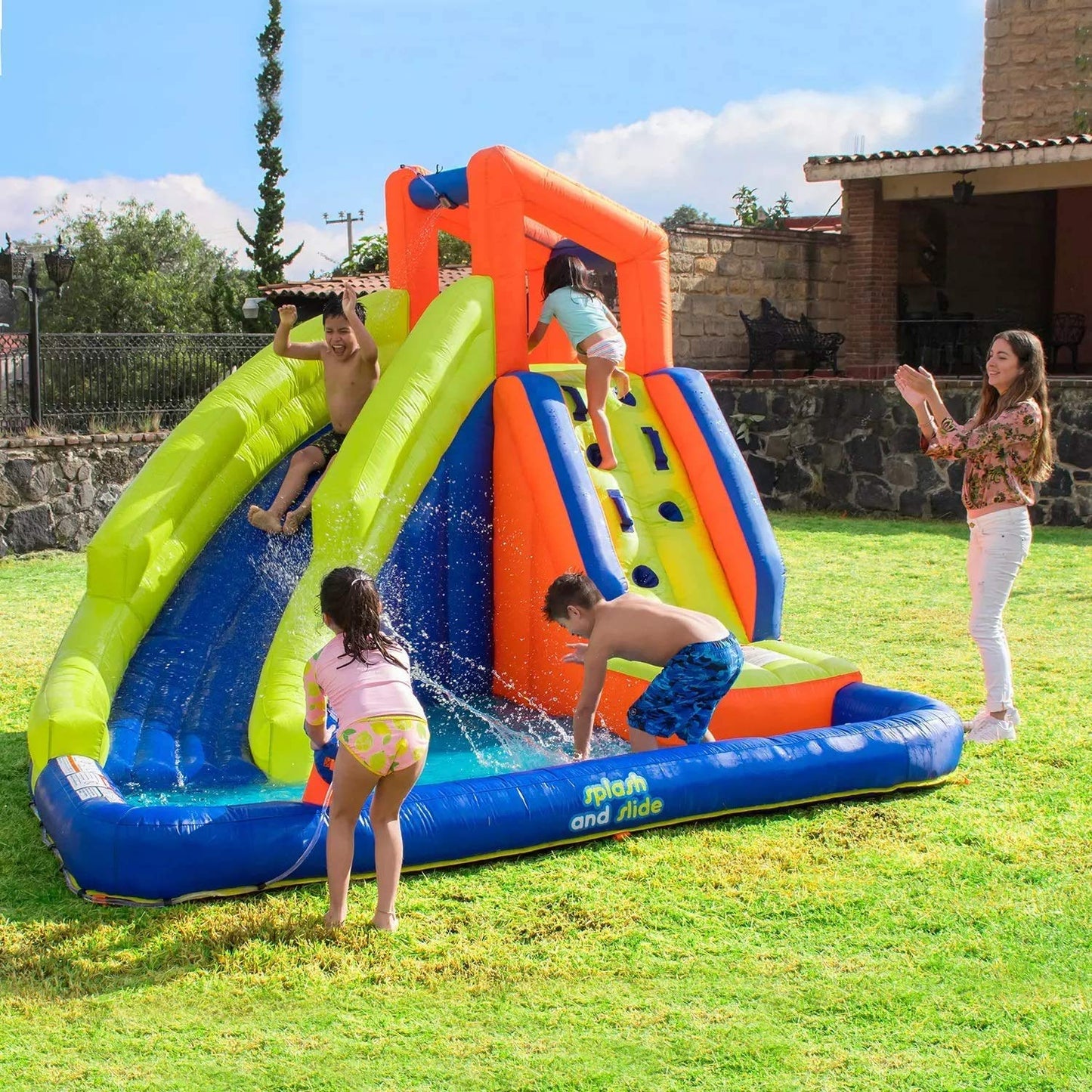 Corson Tools Splash and Slide Climb Inflatable Water Blob, Climbing Wall, and Pool Area | Outdoor Summer Fun for Kids & Families with Air Blower My First Waterslide