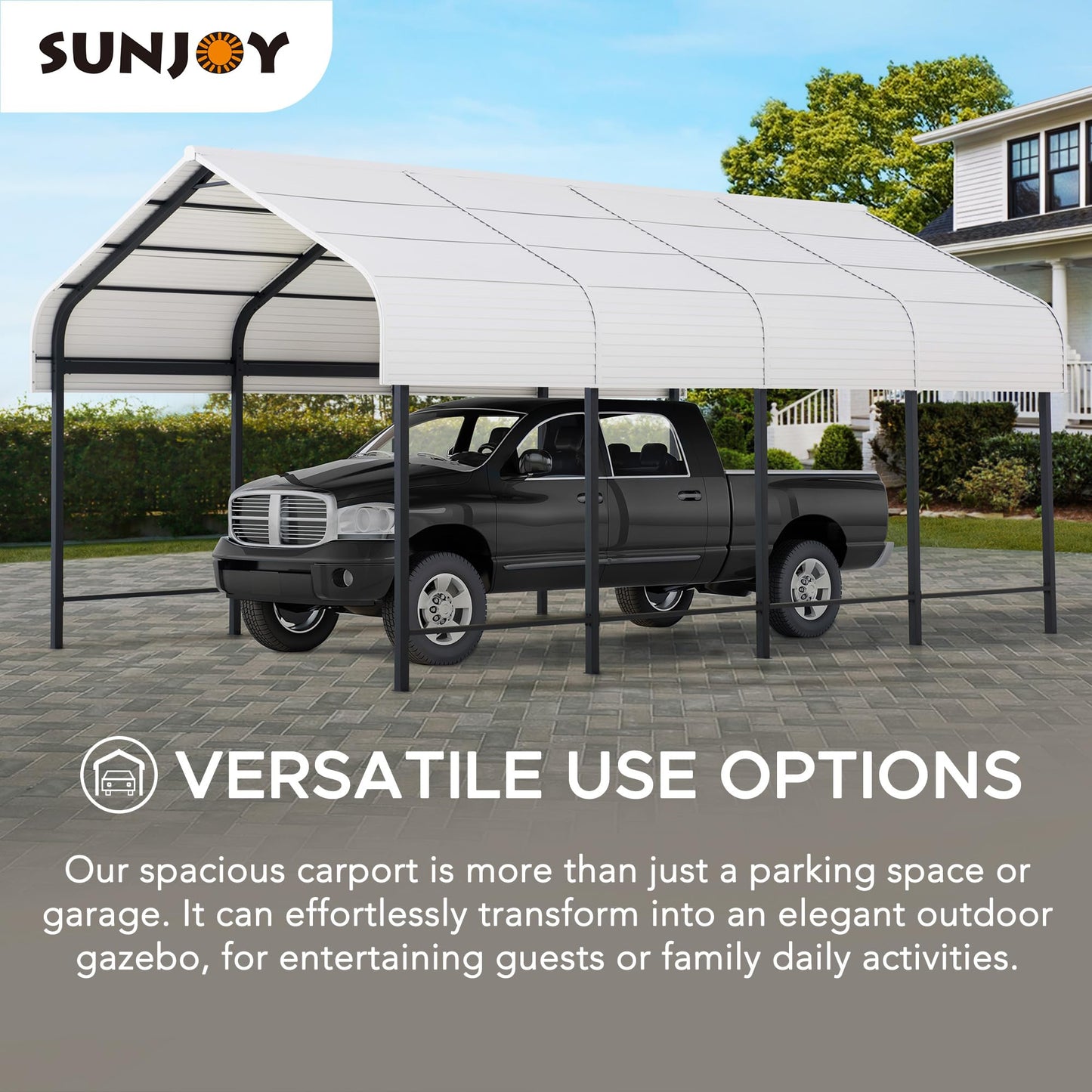 Sunjoy Carport 12 x 20 ft. Outdoor Gazebo, Heavy Duty Garage Car Shelter with Powder-Coated Steel/Aluminum Roof and Frame, Gambrel Roof Carport for Car, Boat, Trailer and Outdoor Equipment White/Black 12 x 20 ft.