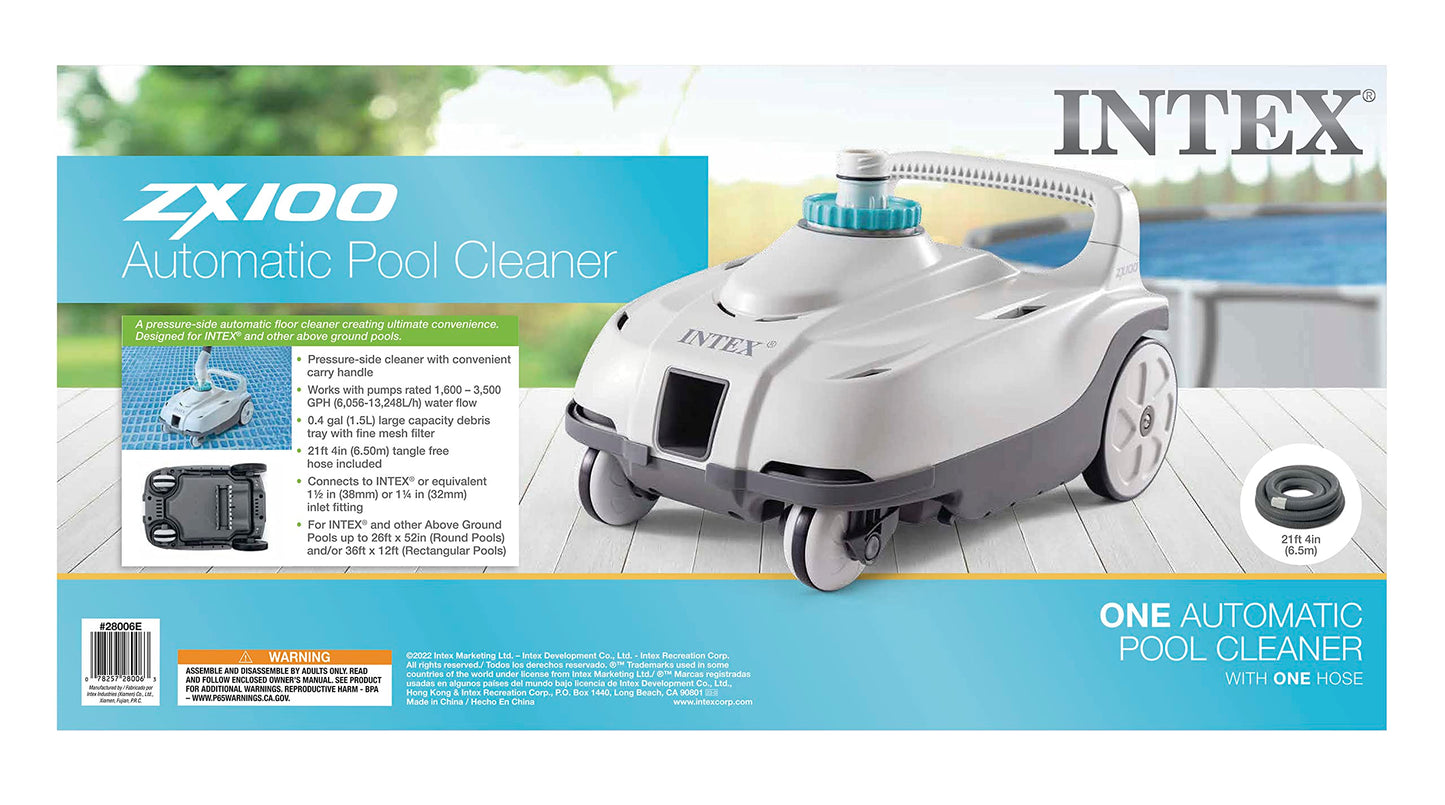INTEX 28006E ZX100 Pressure-Side Above Ground Automatic Pool Cleaner: For Bigger Pools – Cleans Pool Floor – Removes Debris – Removable Filter Tray – 21ft Tangle Free Hose