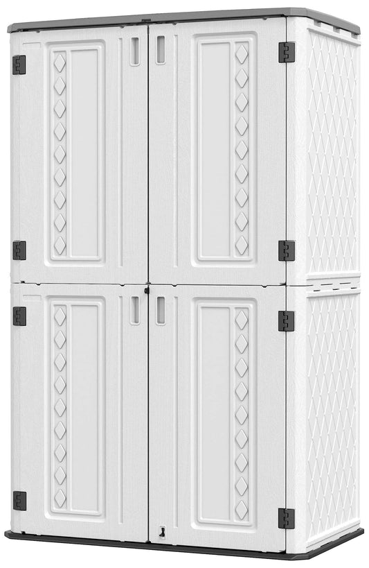 HOMSPARK Abri de rangement extérieur, armoire de rangement extérieure de 53 pieds cubes avec portes verrouillables, hangar de rangement vertical en résine double couche pour jardin, patio, arrière-cour, 4 × 2,5 × 6,6 pieds, toit gris, mur blanc, sol noir 