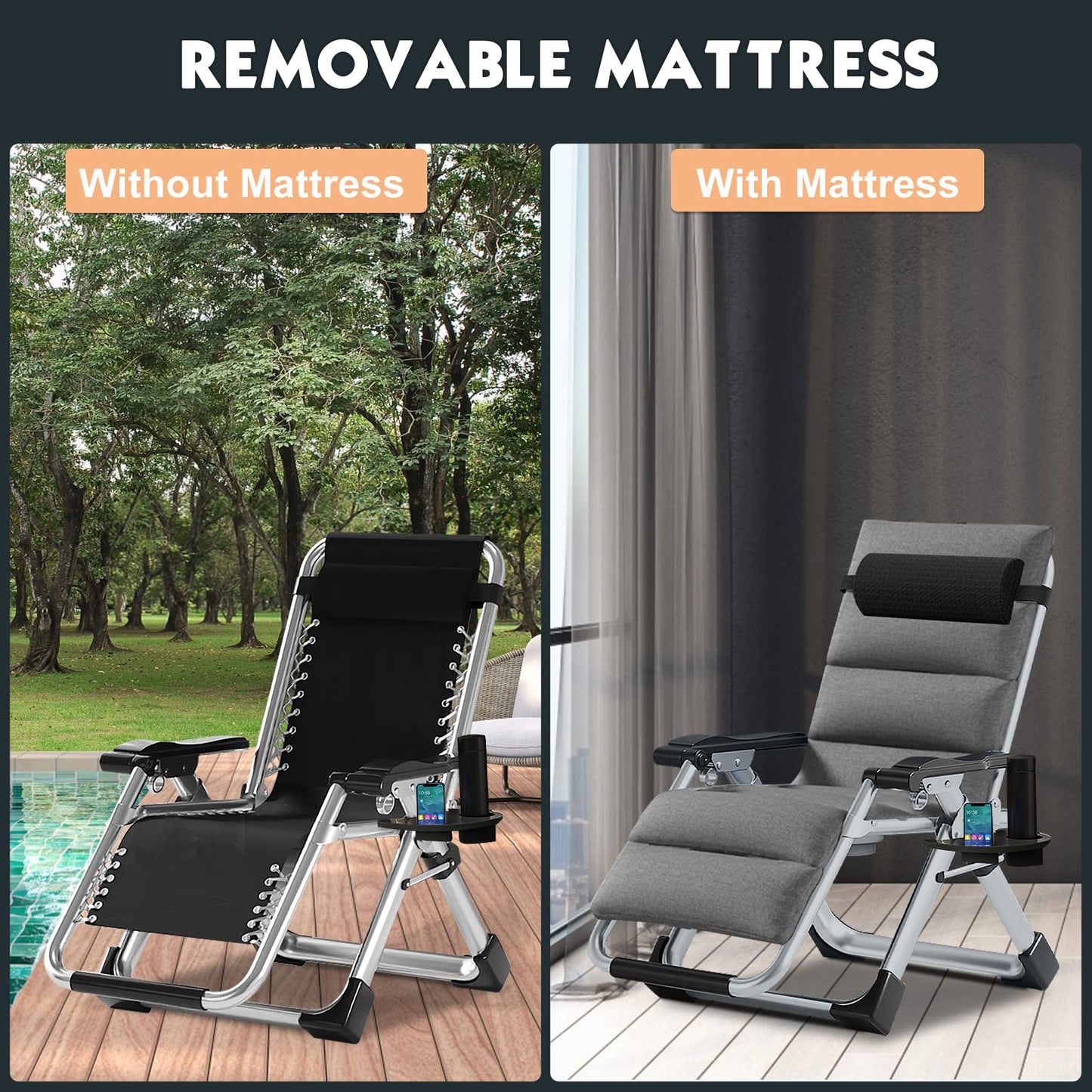 MOPHOTO Zero Gravity Chair, Outdoor Padded Lounge Chair with Side Table, Zero Gravity Recliner Chair, Outdoor Reclining Chair, Sturdy & Comfortable, Supports up to 440lbs Line Gray Zero Gravity Chair-2PK