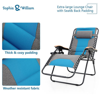 Sophia &amp; William Lot de 2 chaises Zero Gravity surdimensionnées, chaise longue rembourrée avec porte-gobelet gratuit, supporte 350 lb (bleu cobalt) bleu cobalt