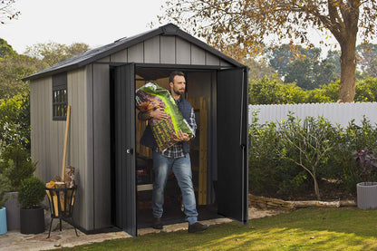 Keter Oakland 7.5x9 Foot Large Resin Outdoor Shed with Customizable Walls for Lawn Mower and Bike Storage, 7.5 x 9, Grey Gray