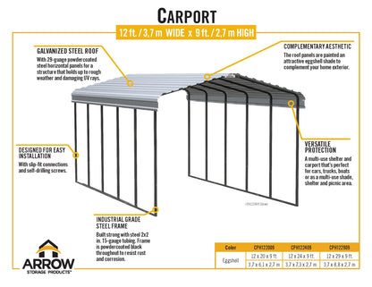 Abri d'auto Arrow, 12 pi x 24 pi x 9 pi Coquille d'oeuf 12' x 24' x 9' 