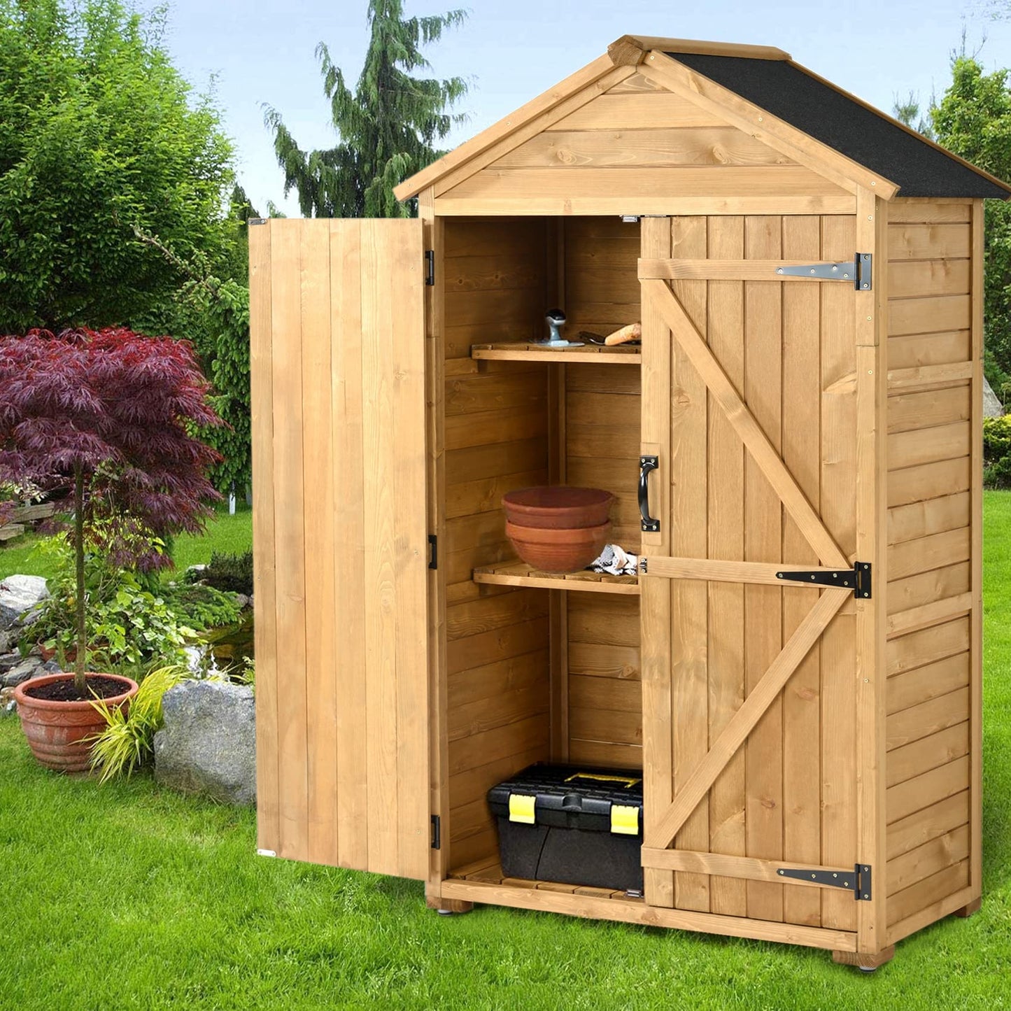 Outdoor Storage Shed with Floor, Wooden Storage Cabinet Waterproof, Garden Tool Shed with 3-Tier Shelves, Outside Vertical Shed with 2 Double Doors & Adjustable Legs, Fir Wood, Lockable (Natural) 35.4 x 22.4 x 69.3 Natural with 3 Tier Shelves & 2 Door