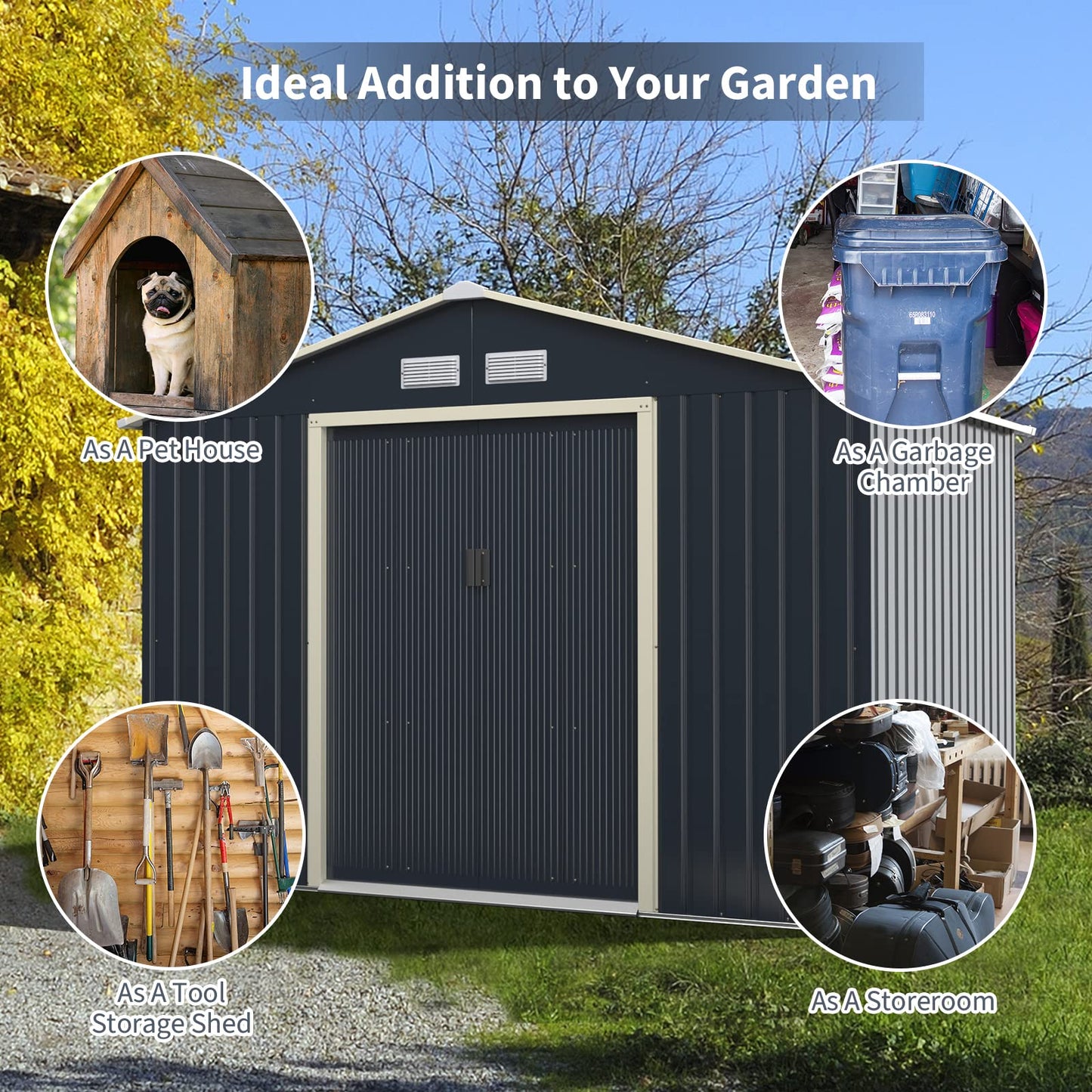 Goplus Outdoor Storage Shed, 9' X 6' Metal Garden Shed with 4 Vents & Double Sliding Door, Utility Tool Shed Storage House for Backyard, Patio, Lawn 9'X6'