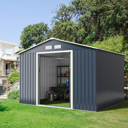 Goplus Outdoor Storage Shed, 9' X 8' Metal Garden Shed with 4 Vents & Double Sliding Door, Utility Tool Shed Storage House for Backyard, Patio, Lawn 9'X8'