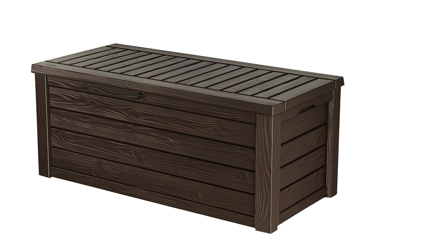 Rubbermaid Patio Chic Resin Weather Resistant Outdoor Storage Deck Box, 123 Gal, Black Oak Rattan Wicker Basket Weave, Outdoor Cushions, Garden Tools, Pool Toys, Brown Cabinet + Large Deck Box 150GL