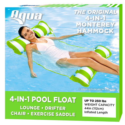 Aqua Original 4 en 1 Monterey Hammock Flotteur de piscine et hamac d'eau – Flotteurs de piscine gonflables polyvalents pour adultes – Matériau PVC épais et antiadhésif breveté Vert citron – Hamac