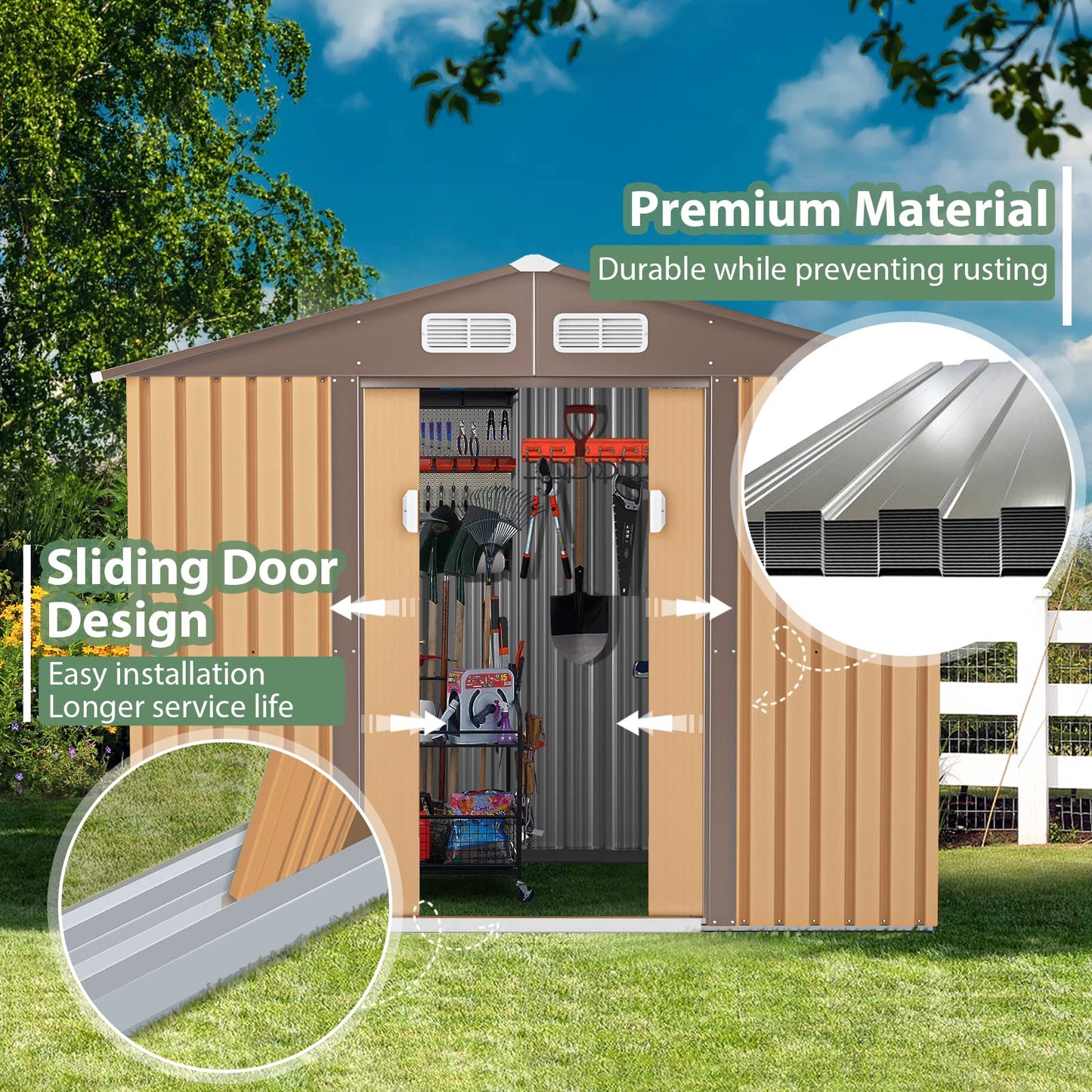 HOGYME Storage Shed 8' x 6' Outdoor Garden Shed Metal Shed Suitable for Storing Garden Tool Lawn Mower Ladder Coffee 8x6