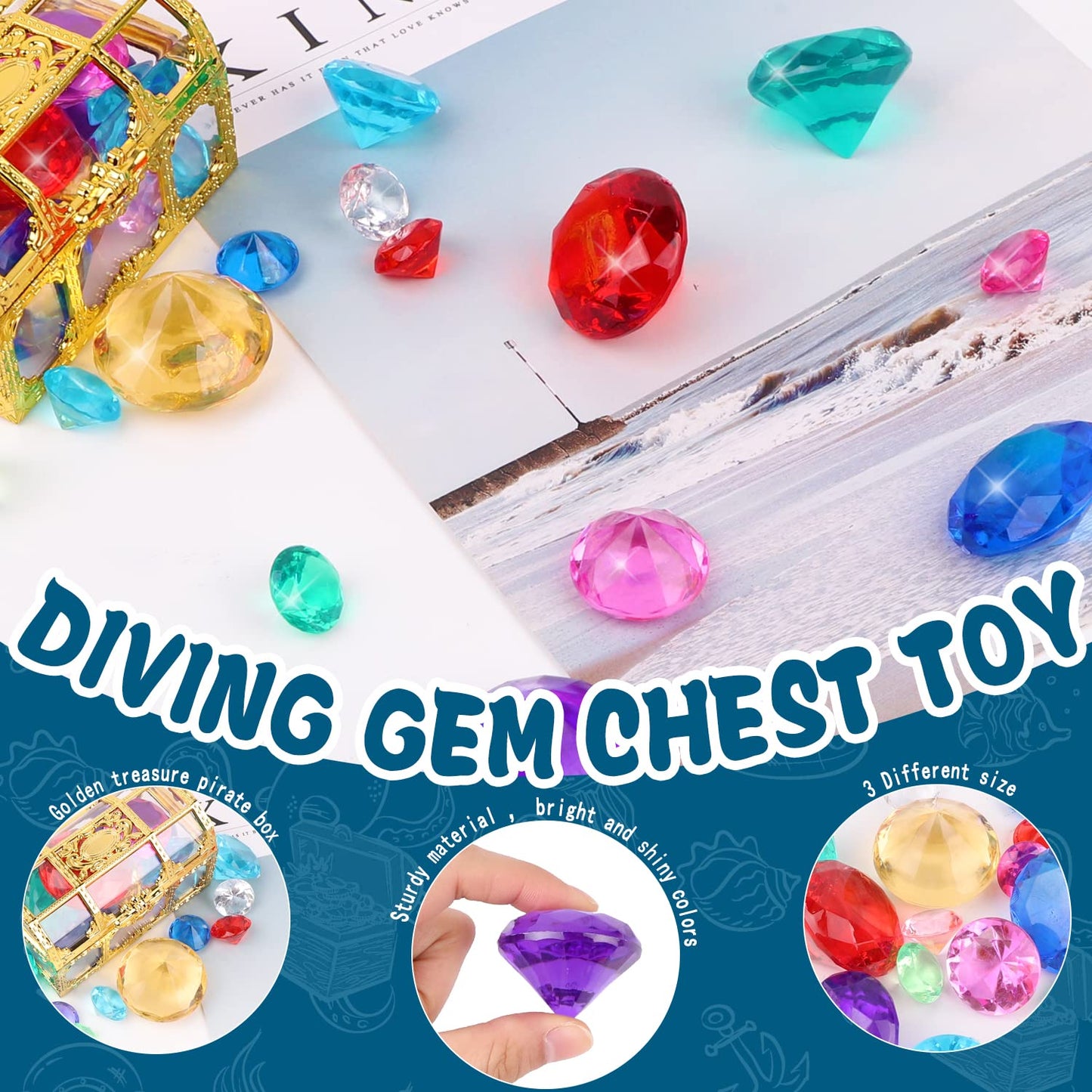 YUJUN Diving Gem Pool Toys 10 Colorful Big Diamond Gem with Treasure Pirate Chest Box Summer Underwater Acrylic Gemstones Set for Kids Swimming Pool Party Favors Assorted