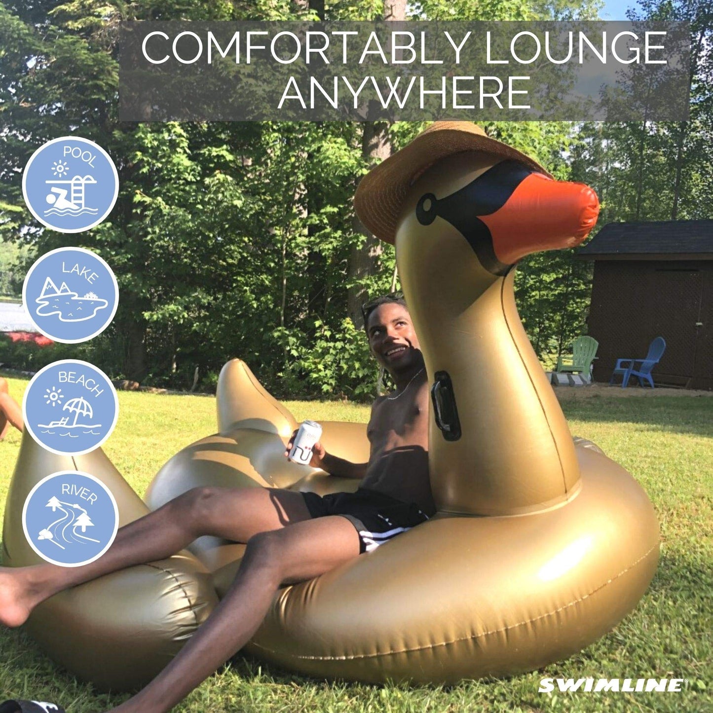 SWIMLINE Original Giant Ride On Inflatable Pool Float Lounge Series | Flotteurs W/jambes stables ailes grand gonflement ridable été plage natation fête grand radeau tube décoration Tan jouets pour enfants adultes Golden Goose