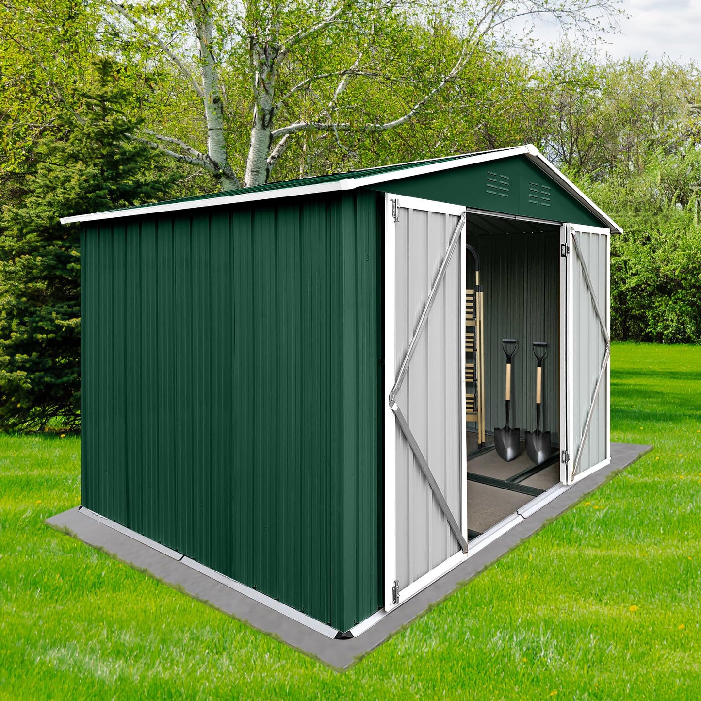 EMKK 8x6 FT Outdoor Storage Shed, Garden Tool Storage Shed with Sloping Roof and Lockable Door, Metal Garden Sheds Outdoor Shed Galvanized Steel Shed, Outside Storage House for Backyard Garden Patio C-Green White 8 x 6 FT Storage Sheds